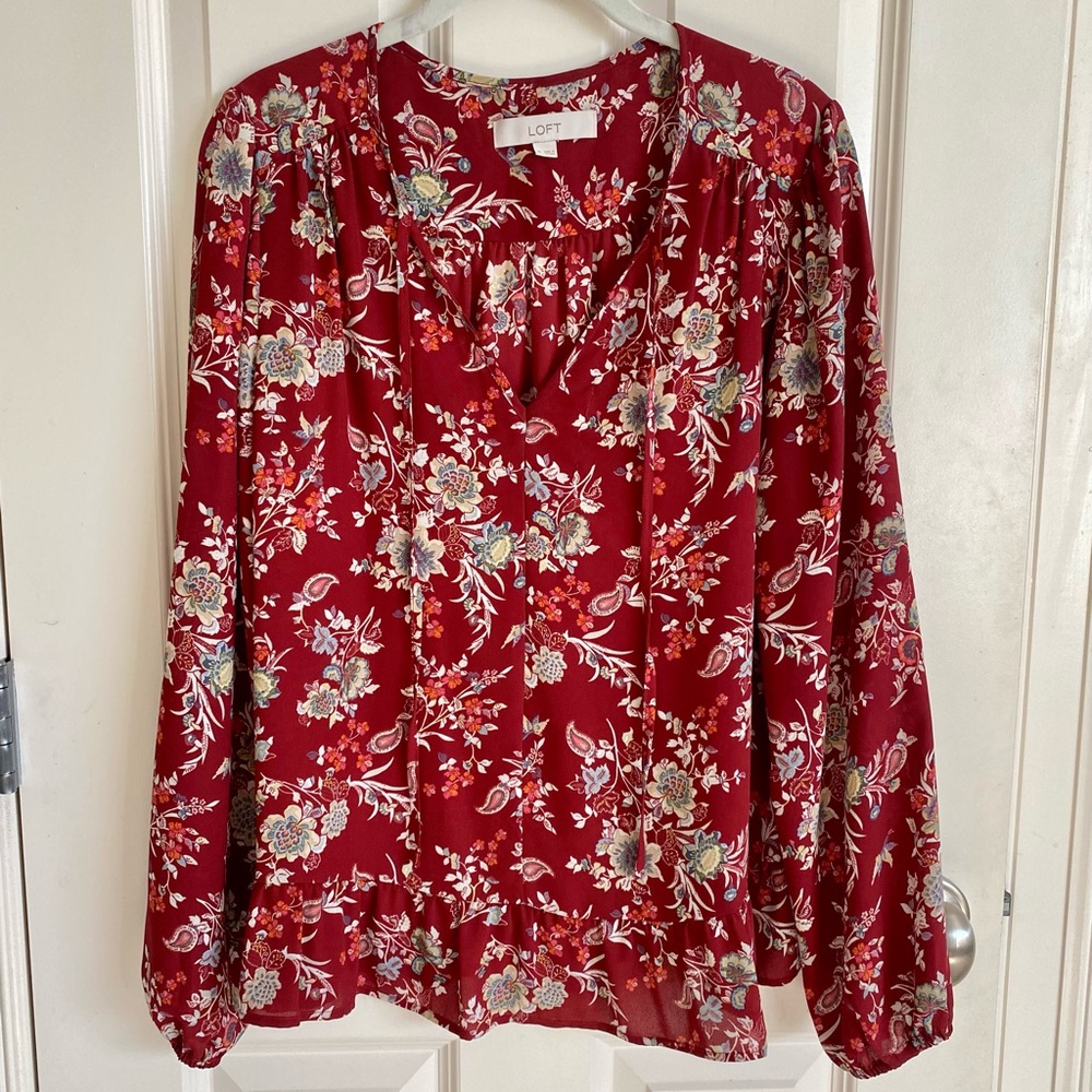 LOFT long sleeve blouse with a peplum style & front tie neck. Size-Medium - Picture 1 of 4